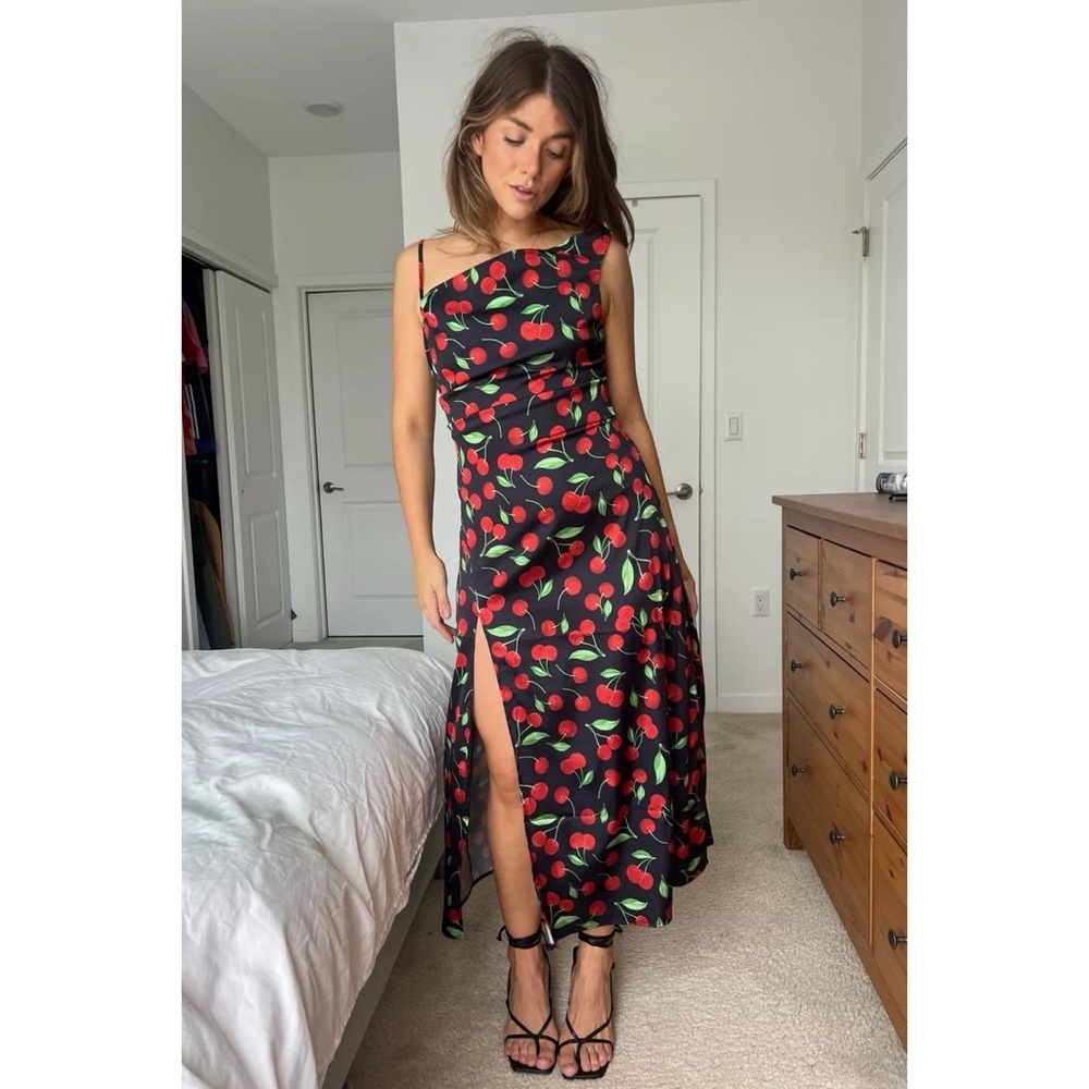For Love & Lemons / Xena Cherry Print Asymmetrical Slit Midi Dress Evening